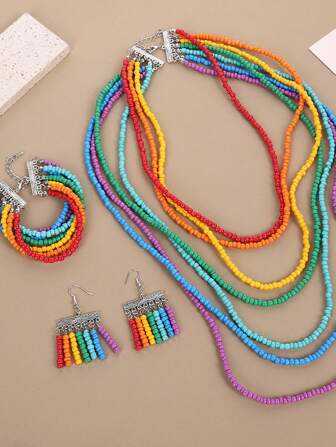 Conjunto de joyas estilo bohemio personalizado con collar, pulsera y pendientes de cuentas hechas a mano con 7 capas de hilo de colores del arcoíris como regalo para mujeres para fiestas y banquetes