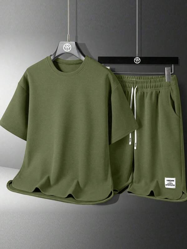 Ensemble t-shirt casual col rond manches courtes de couleur unie et short avec cordon de serrage à l'imprimé lettre, été, pour hommes