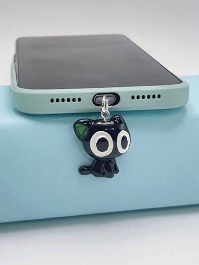 1pc Big-Eyed Black Cat Mobile Phone Dust Plug, DIY Phone Pendant, Charging Port Decor, Compatible With IPhone/Type-C Charging Port Dust Plug