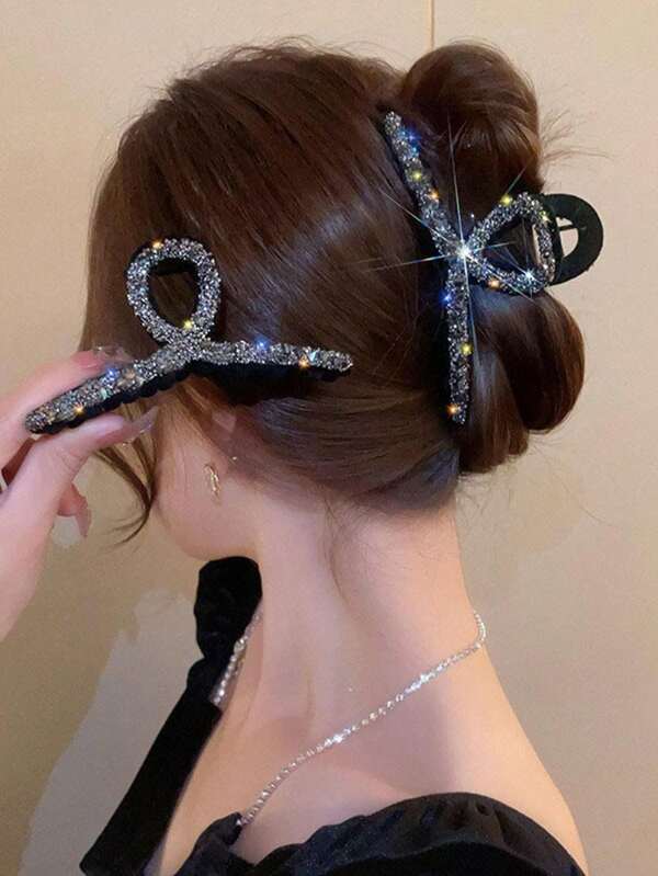 1pc Diamante Inlaid Hair Clip, Elegant Lady Hair Claw For Hair Bun/Back Bow Valentine's Day Valentines Hair Clips Hair Jaw Clip Hair Clamps Hair Clutch Hair Catcher Clip