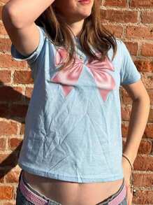 Women's Summer Tops Casual Short Sleeve Crew Neck Bow Print T-Shirts Blouses Streetwear