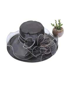 1pc Flower Mesh Sunshade Hat, Women Beach UV Protection Sun Hat, Organza Church Hat