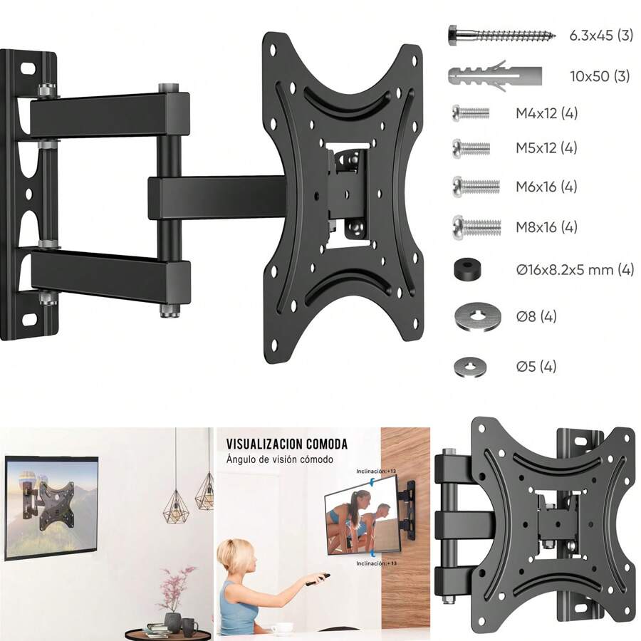 Universal TV Wall Mount For 17-42 Inch TV Up To 30kg, Swivel Tilt Telescopic TV Wall Mount, MAX VESA 200x200mm, VESA Monitor Mount, Swivel TV Arm - 黑色 - 查看 1