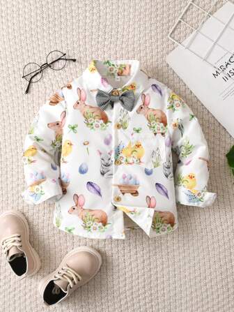 小男孩彩色兔子印花翻领长袖开衫衬衫，适合复活节派对、春夏季