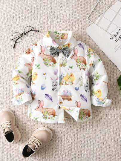 Cardigan con stampa di coniglietto colorato a maniche lunghe con collo a revers per ragazzo, adatto per la festa di Pasqua, primavera/estate