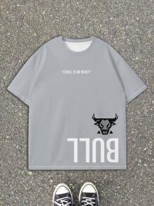 Áo thun tay ngắn in hình đầu bò và khẩu hiệu thời trang đường phố dành cho nam - Xám - Xem 3