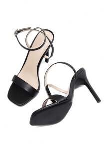 Women Solid Color High Heeled Sandals Open Square Toe Ankle Strap High Stilettos Fashion Wedding Party Club Dance Pumps Sandals - Black - View 4