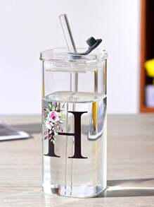 1pc A-Z Flower Letter Pattern Square Glass Cup, Simple And Heat-Resistant Flat Bottomed Cup For Office And Household Use, Milk Coffee Cup With Square Mouth, Bridesmaid Gift, Birthday Gift