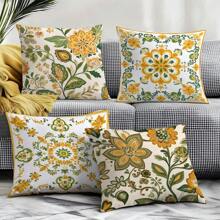 4pcs/Set Symmetric Yellow Floral Cushion Cover, Single-Sided Printed Peach Velvet Material, 45*45CM/18*18inch, Decorative Throw Pillow Case For Modern Fabric Sofa, Indoor Decor, Party Decor, Gift