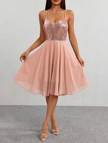 Vestido de cami patchwork de lantejoulas da moda, vestido de noite