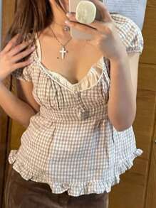 Women's Fairy Grunge Shirts Summer Short-Sleeved Plaid T-Shirt Y2K Low-Necked Pleated Hem Aesthetic Tops