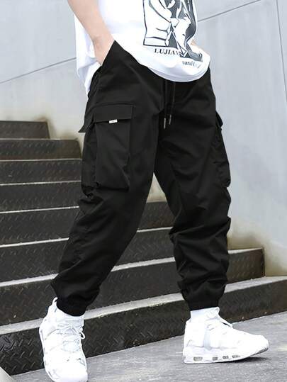 1 pieza Conjunto de ropa deportiva para hombre, pantalón cargo de unicolor con múltiples bolsillos, pantalón holgado informal tipo harén para playa y vacaciones de verano, adecuado para ir al trabajo, correr, hacer ejercicio, pantalón corto casual