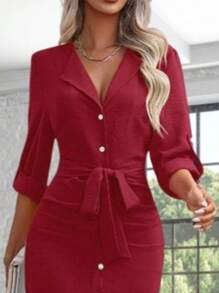Spring Elegant Women's Shirt Long Dress Summer Solid Lapel Single Breasted Lady Long Sleeve Cinched Waist Strap Temperament Slit Dress Commuter - Đỏ - Xem 3