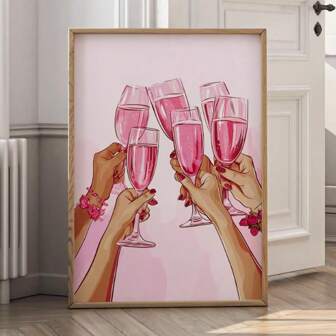 1 pièce Affiche en canevas pour fête de fille au champagne rose, cocktail pop, impression élégante sur chariot de bar, art mural imprimable pour cuisine, décoration murale de cuisine printanière sans cadre