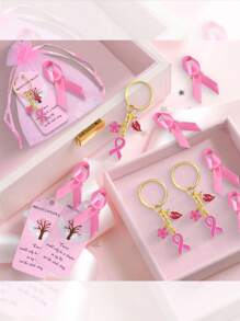 6pcs/12pcs Breast Cancer Promotional Accessories, Breast Cancer Women's Inspirational Gifts, Women's Pink Breast Cancer Promotional Decorations, Red Ribbon Brooches,Including Transparent Gauze Bag And Greeting Card, Women's Love Friendship Party Encouragement Gift,Car Keychains
