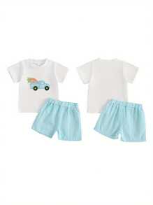 Baby Toddler Boy Easter Outfit Bunny/Carrot Truck Short Sleeve T-Shirt Striped/Plaid Shorts 2 Piece Outfit - Blue - View 3