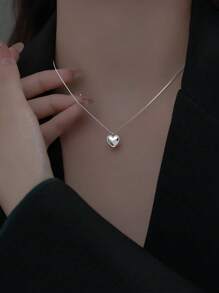 Sterling Silver Love Necklace Simple INS Style Heart Shape Heart Heart Clavicle Chain Glossy Sterling Silver Love Necklace Valentine's Day Gift