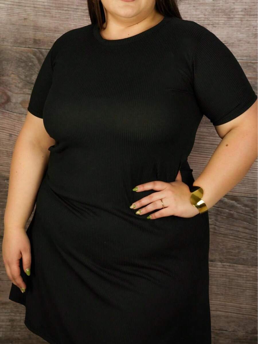 Plus Solid Rib Knit Tee Dress - Black - View 1
