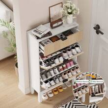 Shoe Storage Cabinet With 2 Flip Drawers & Large Drawer, Farmhouse Fluted Shoe Organizer With Metal Legs, Freestanding Hidden Slim Narrow Shoe Rack For Entryway, Foyer, Hallway