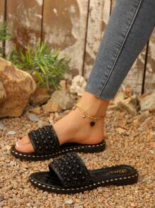 Fashionable Luxury Women Flat Sandals, Pearl & Rhinestone Decor Design, Round Toe, Multiple Colors, Comfortable Footwear, Suitable For Stylish Outfits