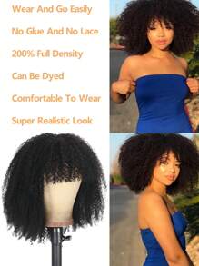 带刘海的非洲卷发假发 200% 密度无胶假发 女士非洲卷发巴西处女真人发刘海假发（8-16 英寸） - Natural Black - 查看 4