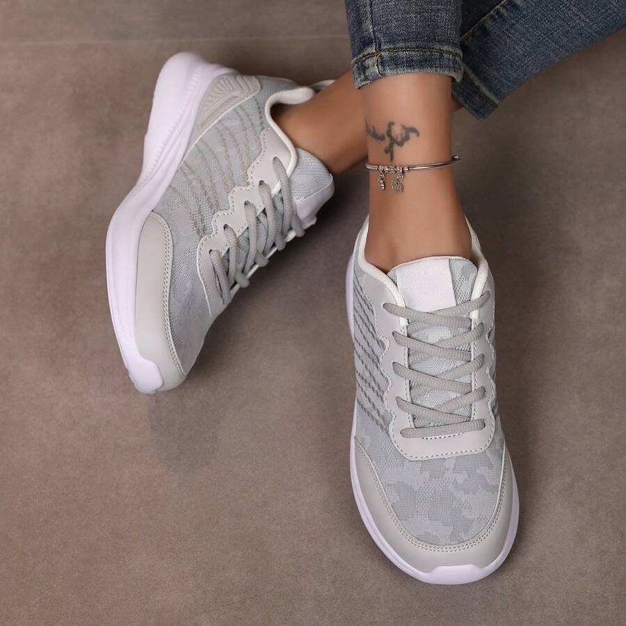 Women's Spring Gray Breathable Lightweight Comfortable Athletic Shoes, Low Top Lace-Up Soft Sole Road Running Sneakers - Grey - View 1