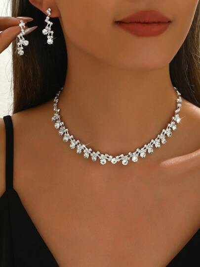 三件套几何图案首饰套装，包含项链和耳环，简约风格新娘首饰套装，适合婚礼和情人节佩戴。