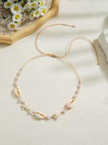 1pc Boho Turquoise Starfish And Pearl Woven Women Long Necklace, Suitable For Beach Vacation Wear