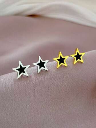 1对不锈钢贝壳五角星简约耳环冷艳男女耳钉个性优雅宴会耳环