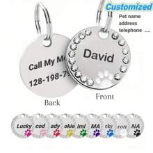 Personalized Pet ID Tag, Rhinestone Decor Dog/Cat Pendant, Customized Pet Name Round Pendant, Alloy Pet ID Tag Pendant, Dog/Cat Collar Pendant, Perfect Gift To Prevent Pet Loss, Can Be Hung On Collar, Best Gift For Pets - White - View 14