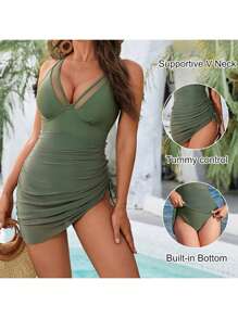 Women Monokini One-Piece Padded Swimsuits Ruched Drawstring Swimdress Beach Bathing Suit Swimwear Bikini