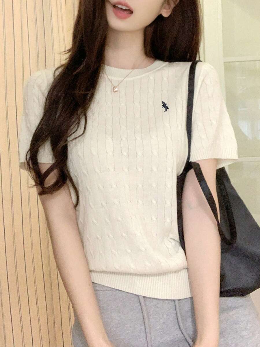 Áo len dệt kim cổ tròn thêu họa tiết phong cách Hàn Quốc cho bé gái, áo tay ngắn nhẹ nhàng cho mùa hè, thường ngày, mặc ở nhà, đi làm, trở lại trường - Màu be - Xem 1