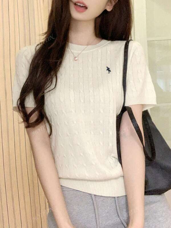 Korean Style Girl's Round Neck Cable Knit Embroidery Sweater, Lightweight Short Sleeve Top For Summer, Casual, Home, Commute, Back To School