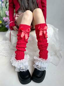 Un par de calentadores de piernas para mujer de primavera y verano cálidos con encaje y moño, lindos calentadores de piernas estilo lolita