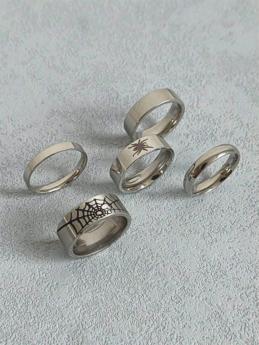 5pcs/Set Minimalist Vintage Stainless Steel Spider Web Decorative Ring Set Suitable For Man Woman Daily Use And Fashionable Jewelry Women Gifts Parties Birthday Gift Ladies Jewelry Stackable Ring Statement Band Size 6-12 Summer Vacation Jewelry