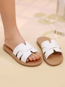女童夏季蝴蝶结凉鞋拖鞋幼儿、小童、大童露趾公主平底休闲一脚蹬鞋 - 白色 - 查看 1