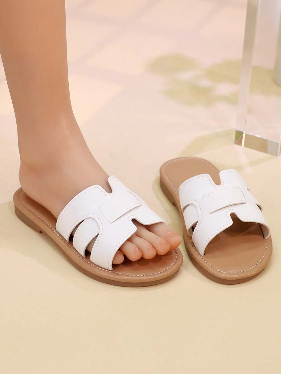 女童夏季蝴蝶结凉鞋拖鞋幼儿、小童、大童露趾公主平底休闲一脚蹬鞋 - 白色 - 查看 1