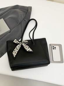 Scarf Decoration New Retro Large Bag Solid Color Shoulder Tote Women's Bag Fashionable Metal Chain Shoulder Strap Crossbody Bag Multi-Purpose Two-Handed Casual Tote Shoulder Pocket Large Bag Versatile Commuter Women's Bag - Black - View 8