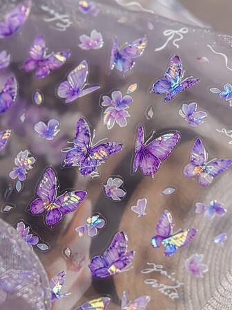 Pegatinas de arte de uñas en 3D con efecto de relieve de mariposa púrpura con brillo tipo aurora, calcomanías de animales de dibujos animados de poliuretano, autoadhesivas para superficies plásticas, con acabado brillante sin olor, suministros para manicura y pedicura