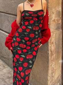 Vestido Largo con Estampado de Cereza - Rojo - Ver 3