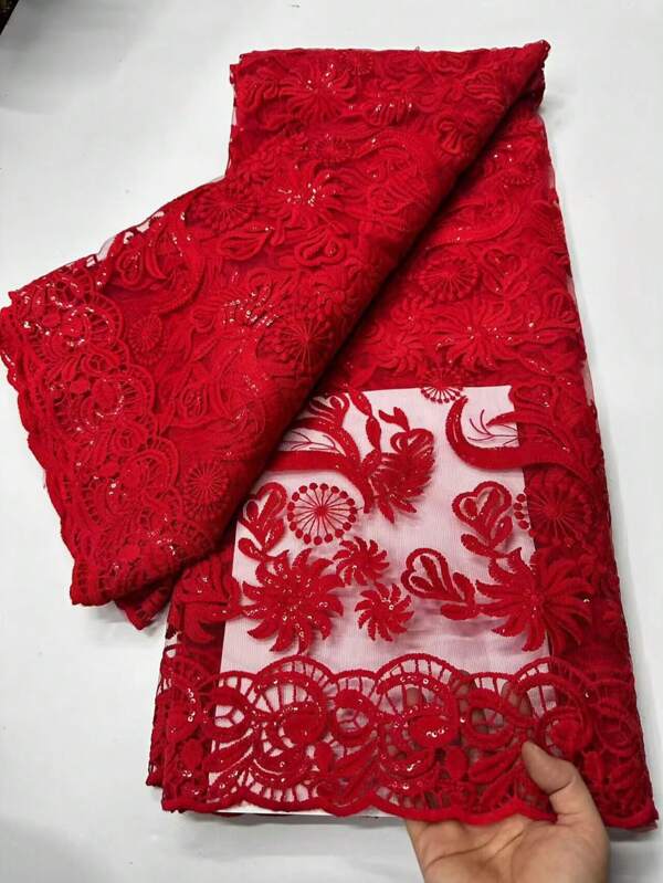 1 Piece High Quality Blue/Red Floral Sequin Lace Mesh Fabric, 1yard/5yard Women's Dress, Wedding Gown, Evening Gown, Breathable And Soft Tulle Fabric, Suitable For French/African/Nigerian Party White Dress Sewing, Home Handmade Dress Sewing, DIY Decor Fabric