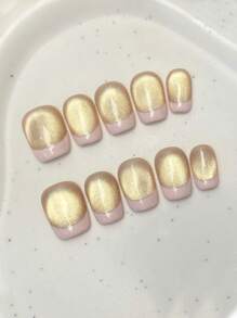 10pcs Pure Handmade Nail Art Short Oval Nail Art French Nails, Pink Blue Cat Eye Cute Cartoon Elegant Luxury Simple Nail Art, Valentine's Day Nails, Cute Sweet Nails Press-On False Nails, Daily Nail Art Holiday Nail Art