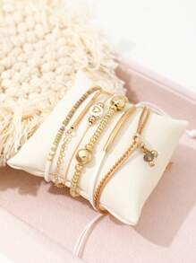 Set de 6 piezas de pulseras ajustables de estilo bohemio con cuentas trenzadas con forma de corazón - Dorado - Ver 3