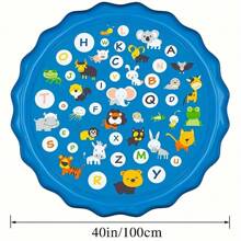 HUHUJIA Extra-Large 39" Splash Pad & Kiddie Pool - Colorful Alphabet & Animal Spray Toys, Durable PVC, Ideal For Ages 3-5, Portable Summer Fun For Backyard & Lawn, Cartoon Spray Mat, Educational Toys, Letter Learning, Summer Play, Backyard Fun, Lawn Play - Blue - View 5