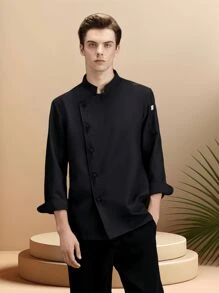 New Fashion Classic Black Long Sleeve Button-Up Unisex Chef Uniform, High-End For Hotel Kitchen, Western Restaurant, Bakery, Cafe, Barbecue, Fast Food Shop. Washable, Fade-Resistant, Shrink-Proof, Breathable, Skin-Friendly, Textured, Custom Button, Retro Style, Stand Collar Design, Loose & Comfortable Fit, Free Movement - Black - View 2