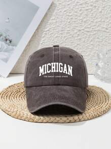 1pc Unisex Casual "Michigan The Great Lakes State" Washed Letter Printed Adjustable Baseball Cap, Outdoor Sports Fashion Streetwear Head Accessory, All Season