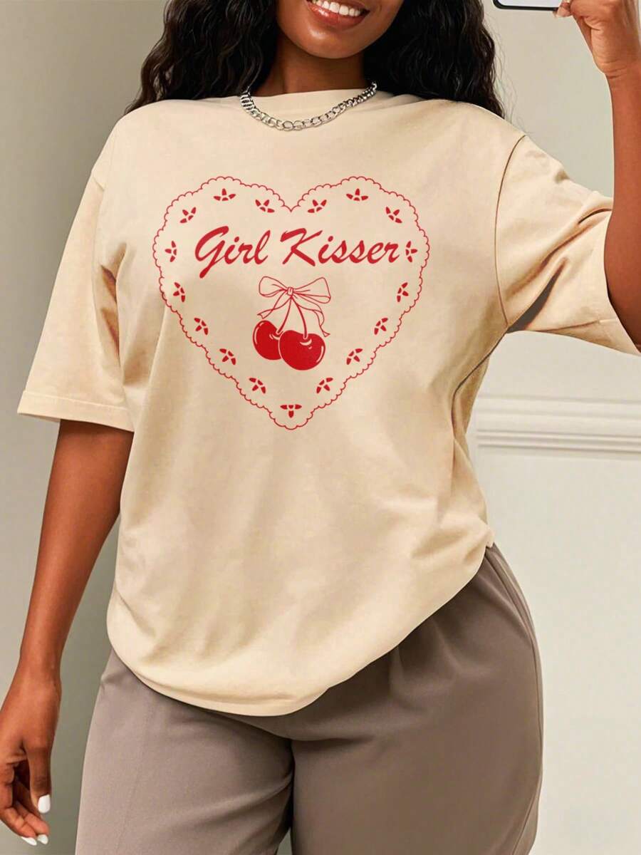 Oversized Style For Women, Girl Kisser Shirt,Lesbian Fashion Shirt, Funny Lesbian Shirt, Oversize Type Shirt For Women, Perfect For Holiday Parties Or Gift Giving, Soft And Comfortable - 杏色 - 查看 1