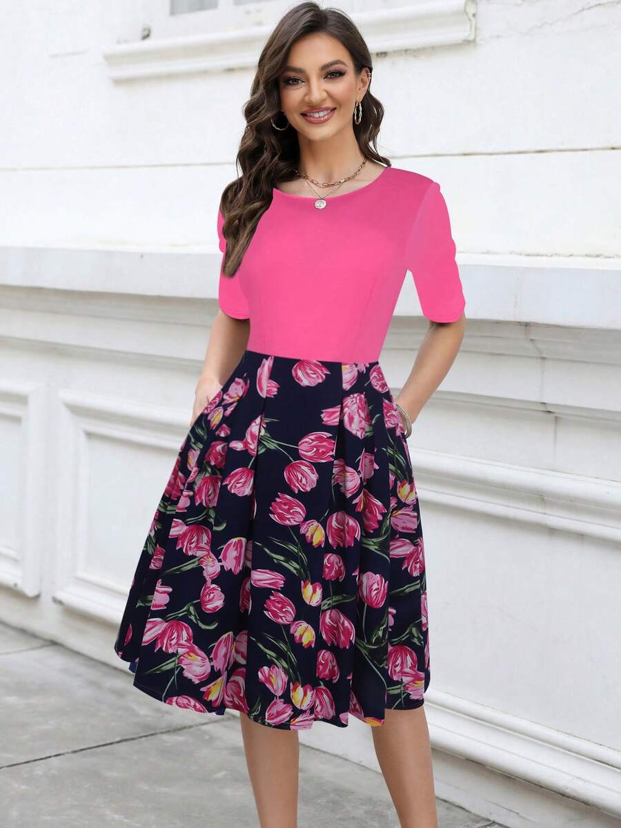 Women's Printed Stitching Retro Swing Dress With Pockets - Hot Pink - View 1
