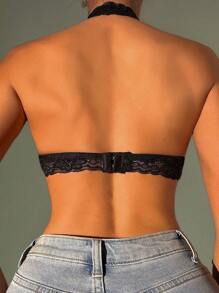 Viomisha 1 Piece Women's Halter Top Bra Sexy Lace Bra  Lace Bralette Triangle Cup Bra Backless Bra Back Buckle Shoulderless Halter Neck Underwear. - màu đen - Xem 3