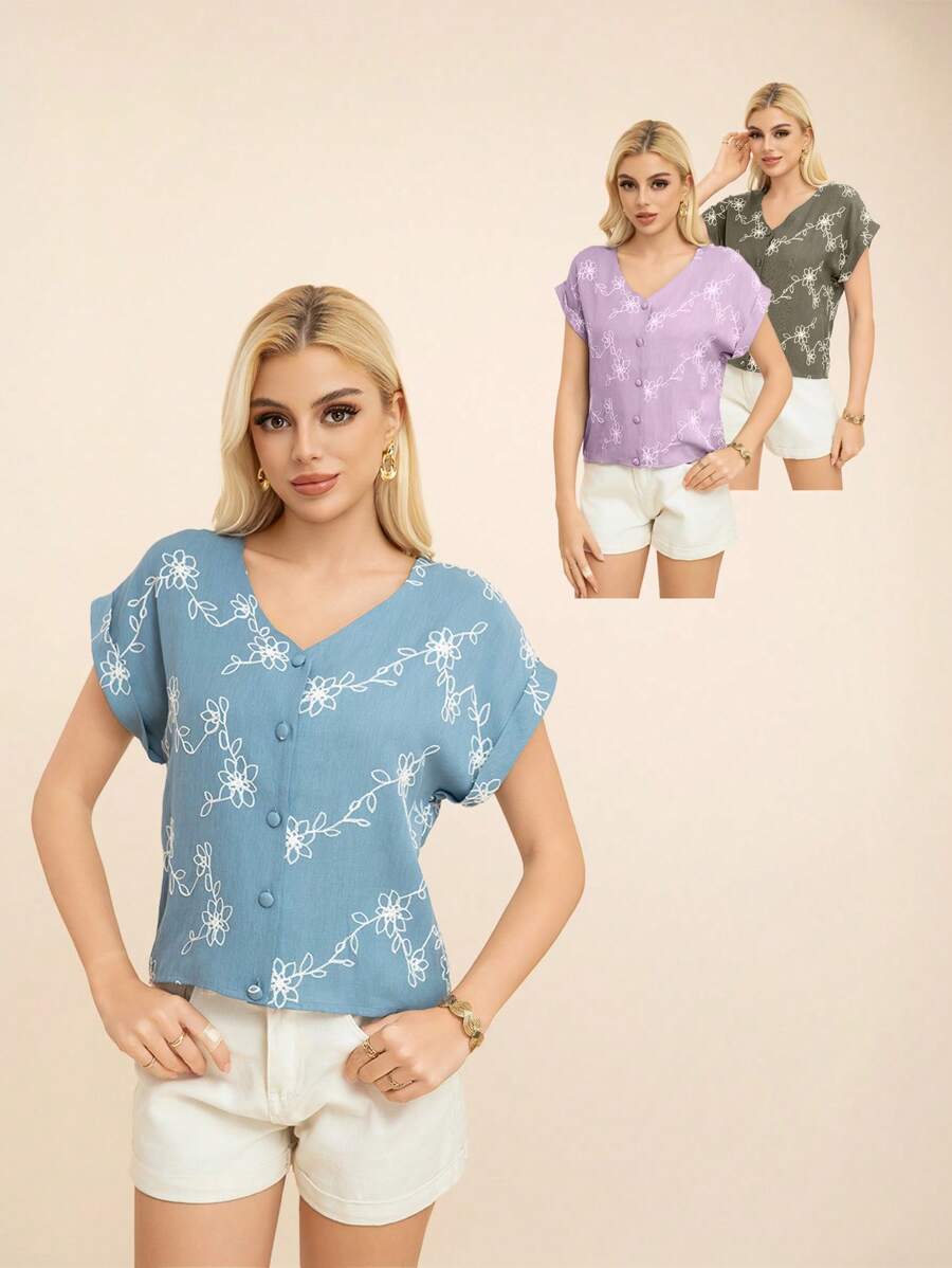 V-Neck Blouse With Short Sleeves, Embroidered And Openwork, - Blue - View 1